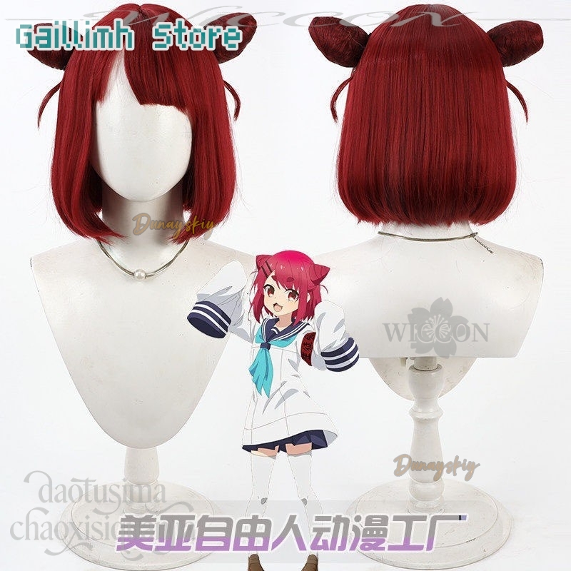 Anime Cosplay With Red Hair - Peruca Sintética Vermelha de Dois Coques
